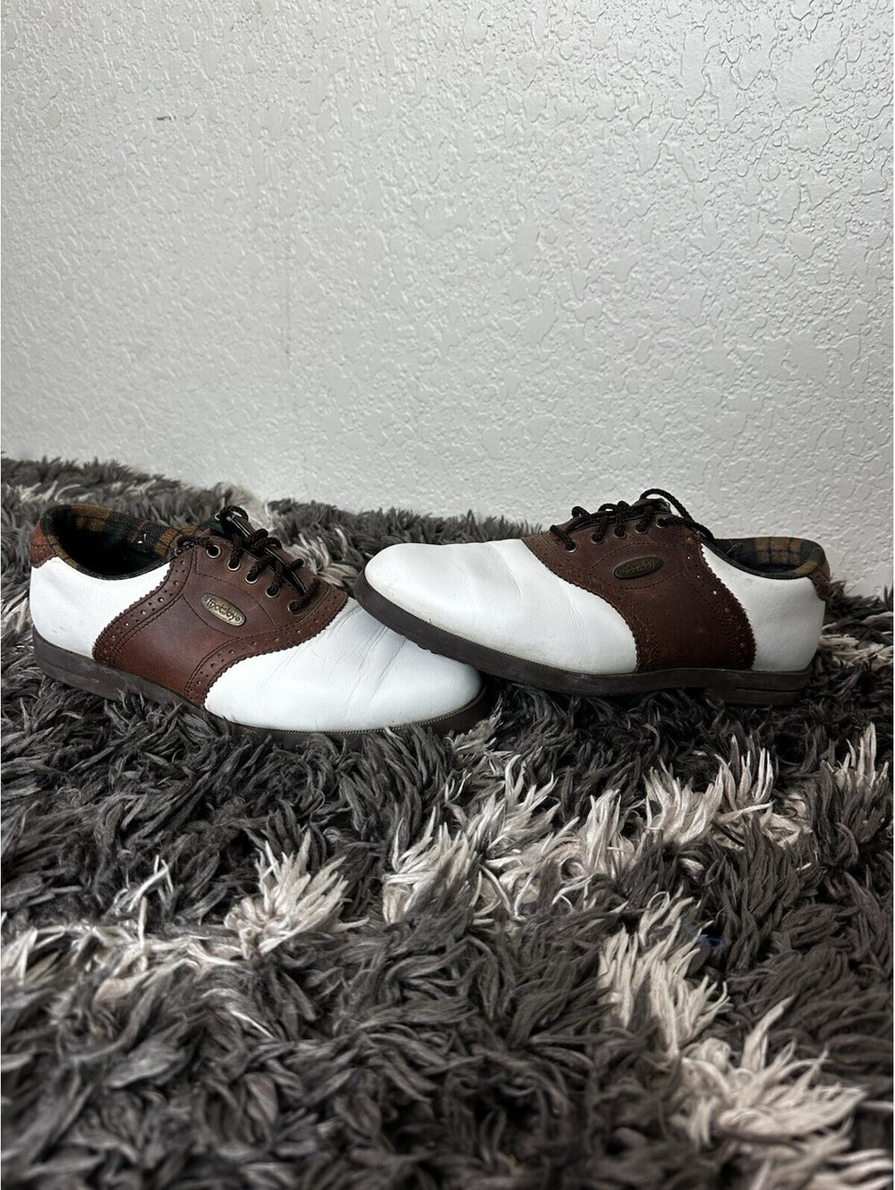 Vintage FootJoy Leather Saddle Golf Shoes Plaid Lined Brown White Men 7.5 M